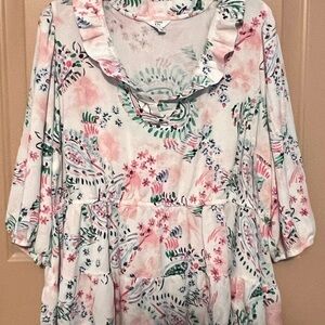 Crown & Ivy Pink and Green Floral Ruffle Blouse